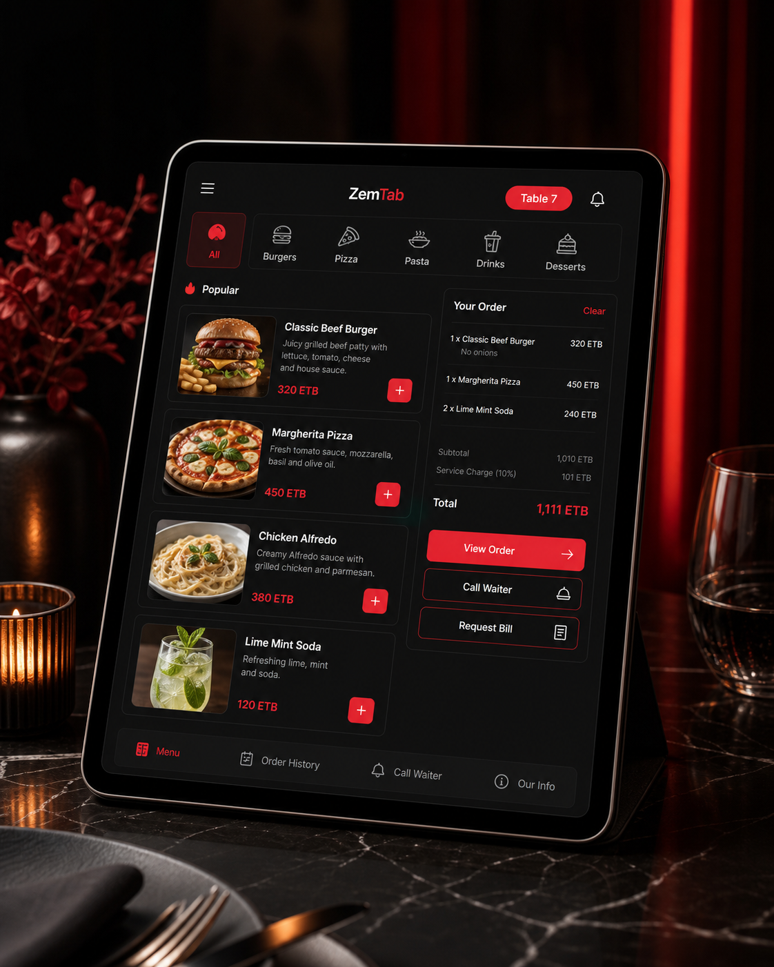 ZemTab QR menu and table ordering tool shown on a tablet